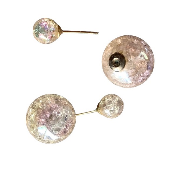 Iridescent Cracked Double Sided Glass Ball Earrings Colorful Women’s Jewelry - Picture 2 of 4